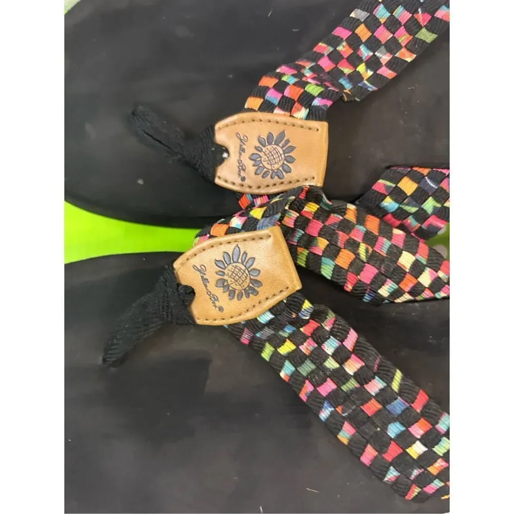 Yellow box flip flops‎ size 9 sandals colorful strap - Picture 5 of 6